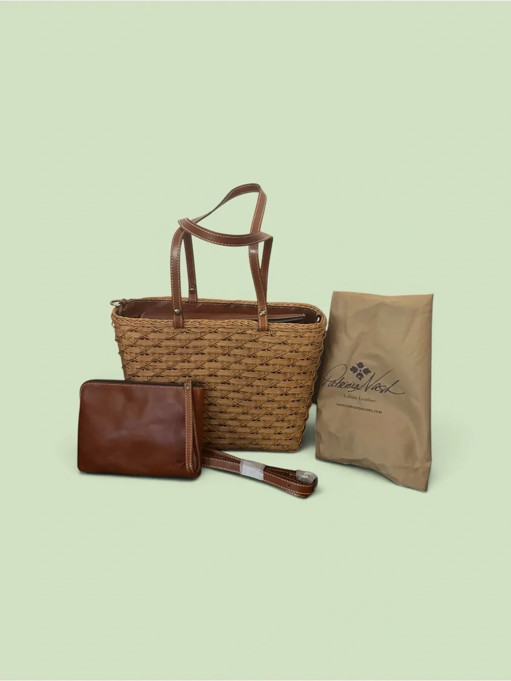 Patricia Nash Woven Straw Tote & Leather Wristlet Set Tan Basketweave Boho - Picture 4 of 13